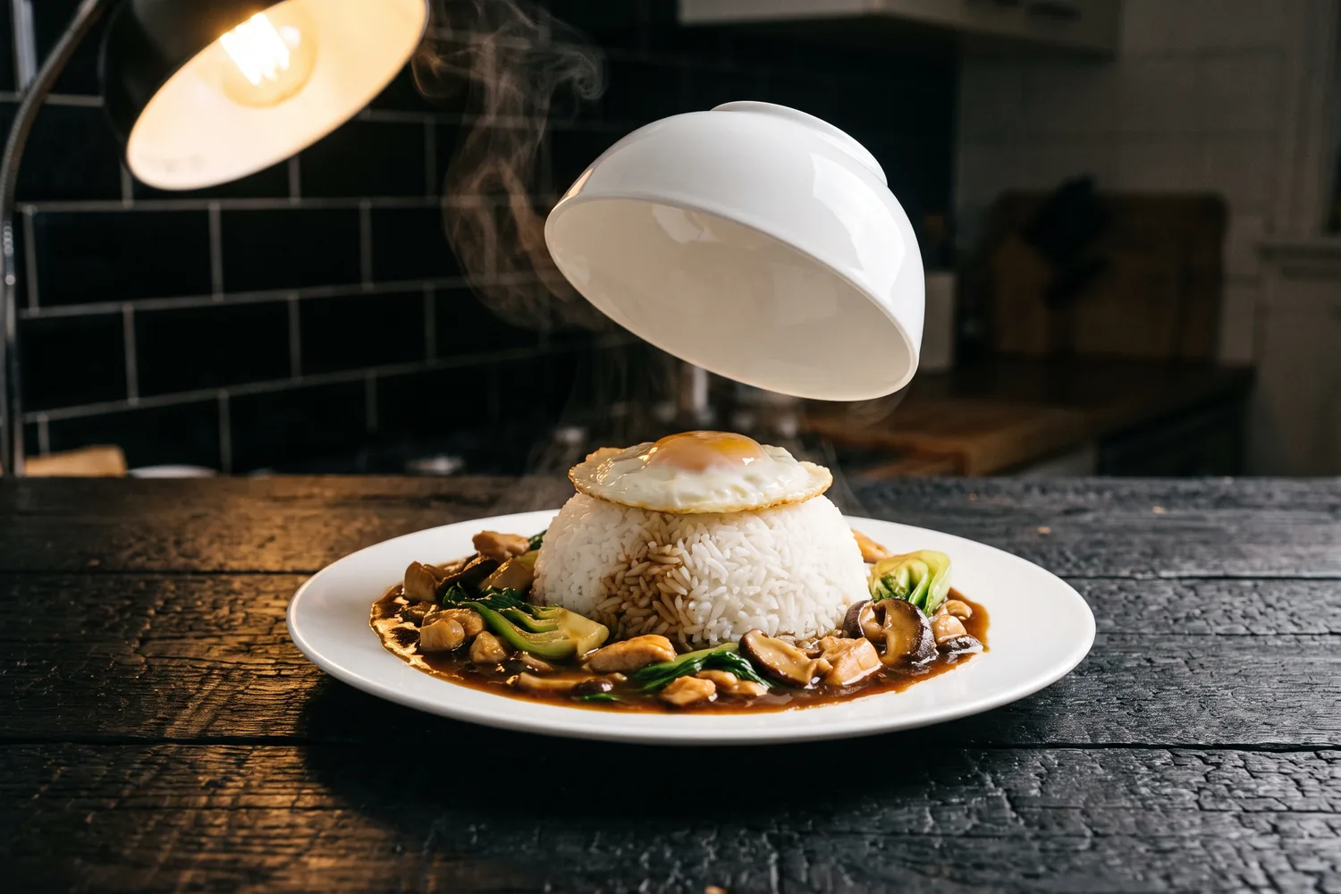Le bol renversé Ah Ling, le bol soulevé, le dôme de riz et l'œuf