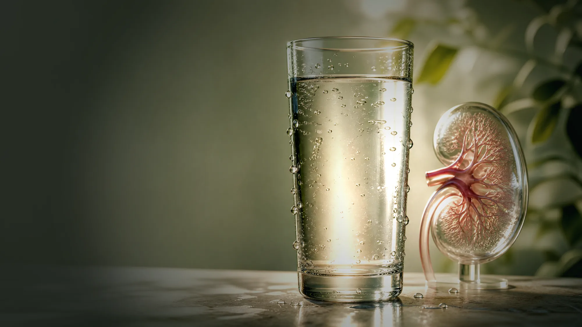 Un verre d'eau éclairé par derrière, et à côté un rein translucide comme du verre