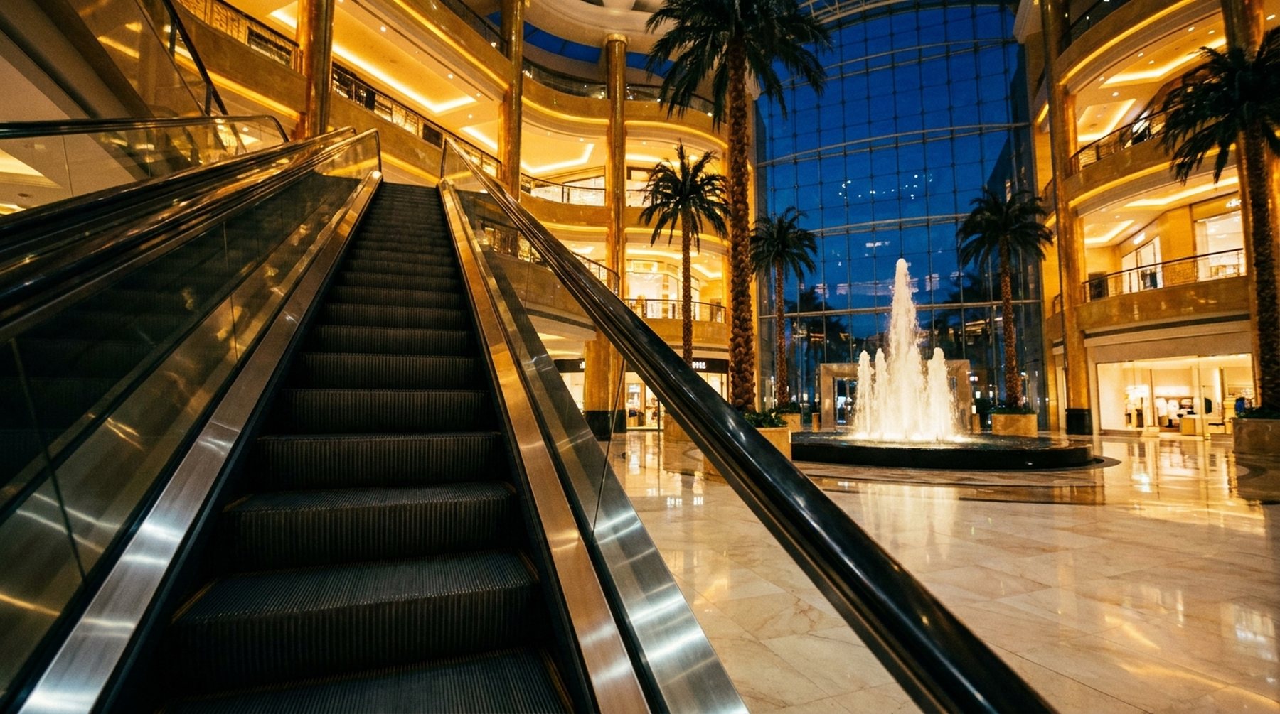 Depuis l’escalator d’un centre commercial la nuit : palmiers, étages dorés, marbre poli et la fontaine derrière la verrière.