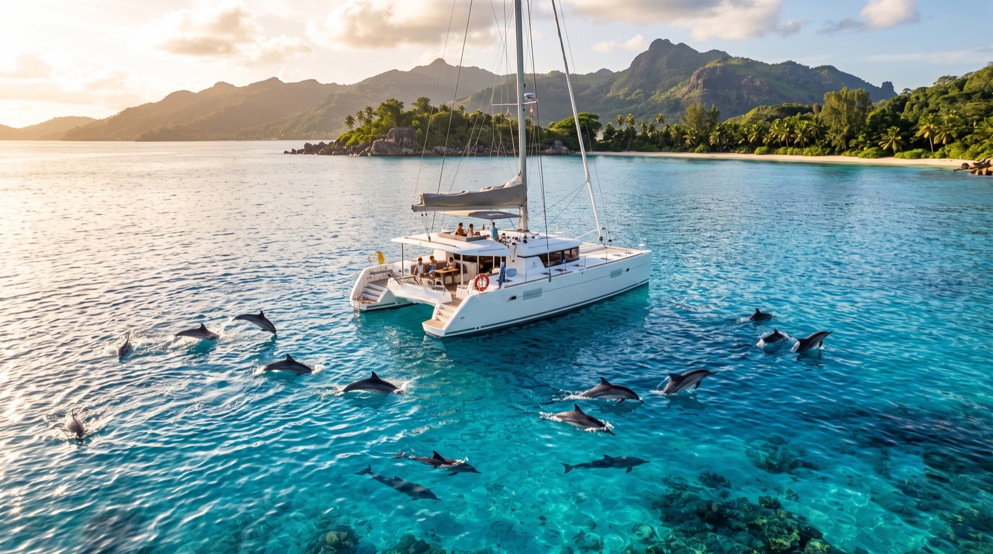 Catamaran Stella Maris au mouillage, eaux turquoise et dauphins