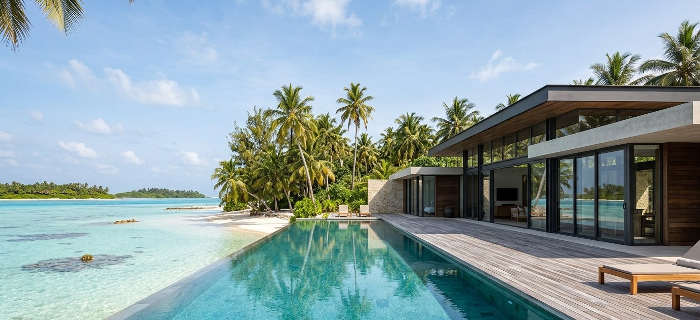 La villa en plein jour, entre les palmiers et le lagon