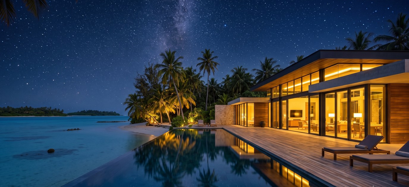 La villa dans la nuit étoilée, chaque lampe allumée
