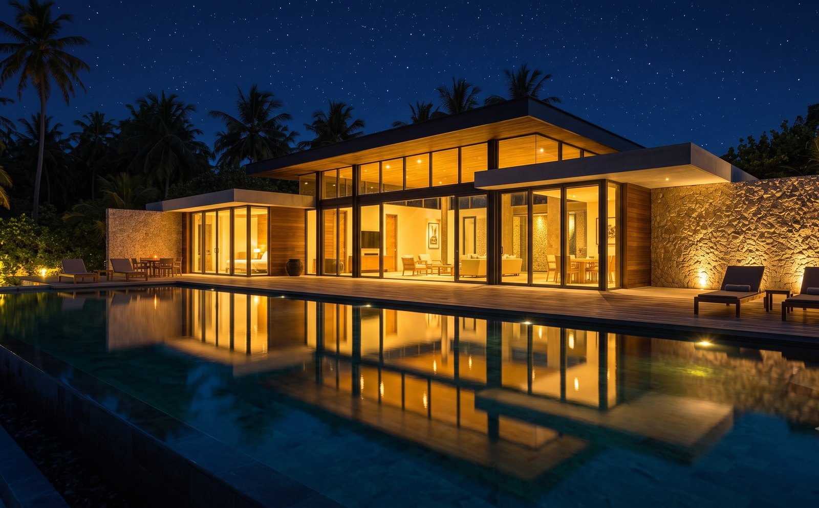 La villa illuminée sous les étoiles, la piscine en miroir